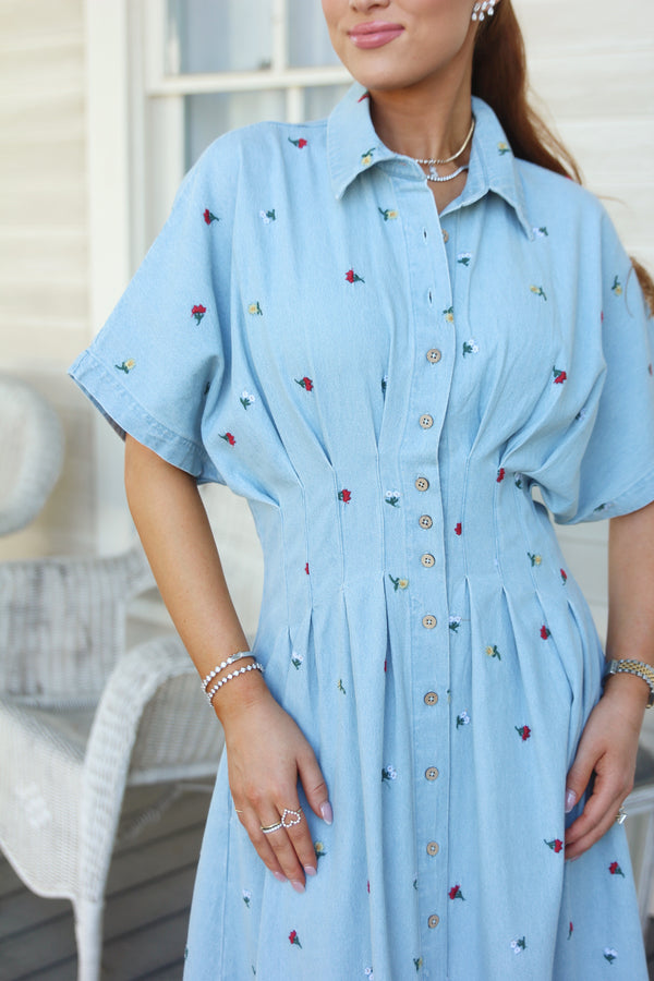Denim Floral Embroidered Maxi Dress