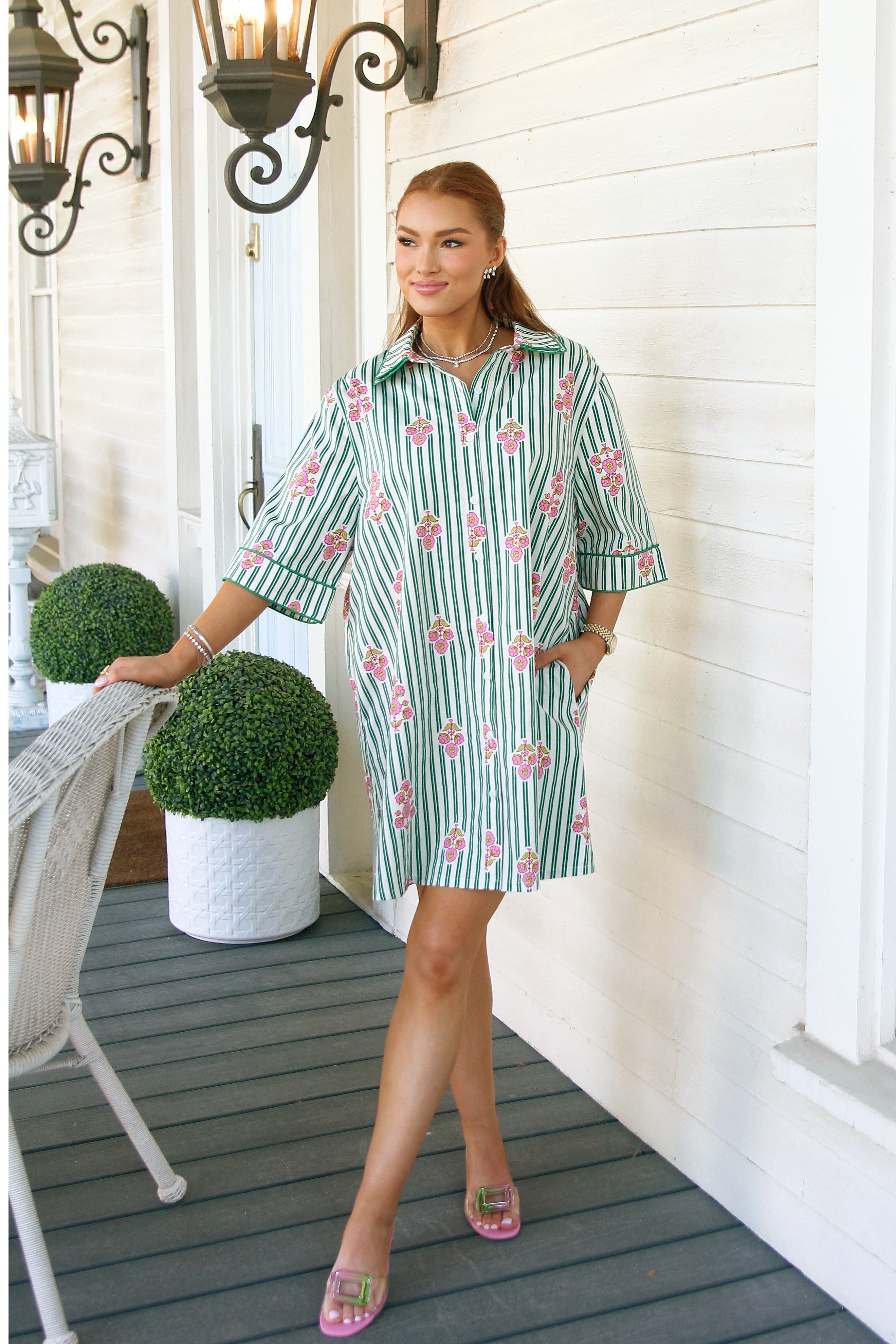 Stripe Floral Shirt Dress with Contrast Piping