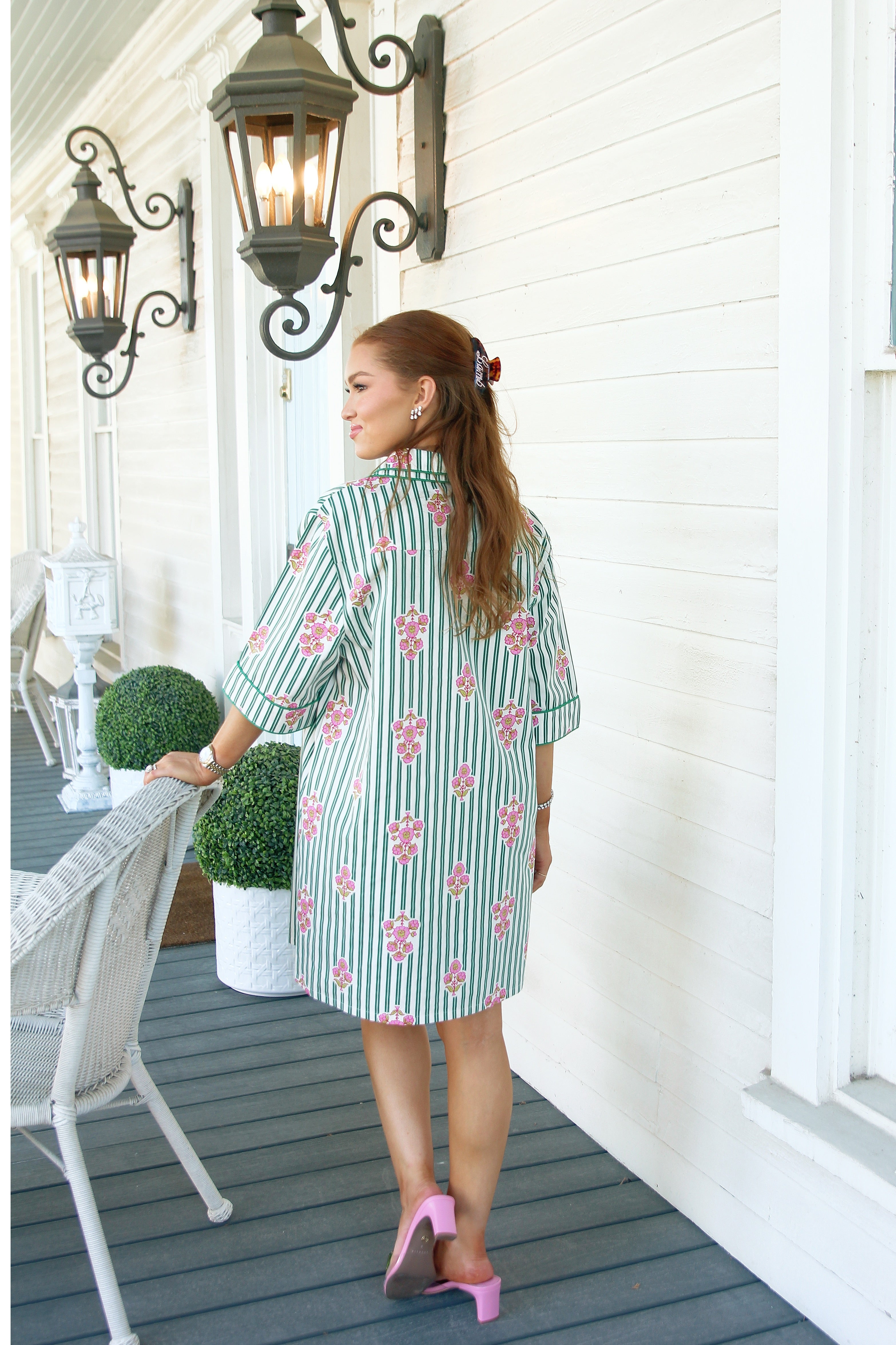 Stripe Floral Shirt Dress with Contrast Piping
