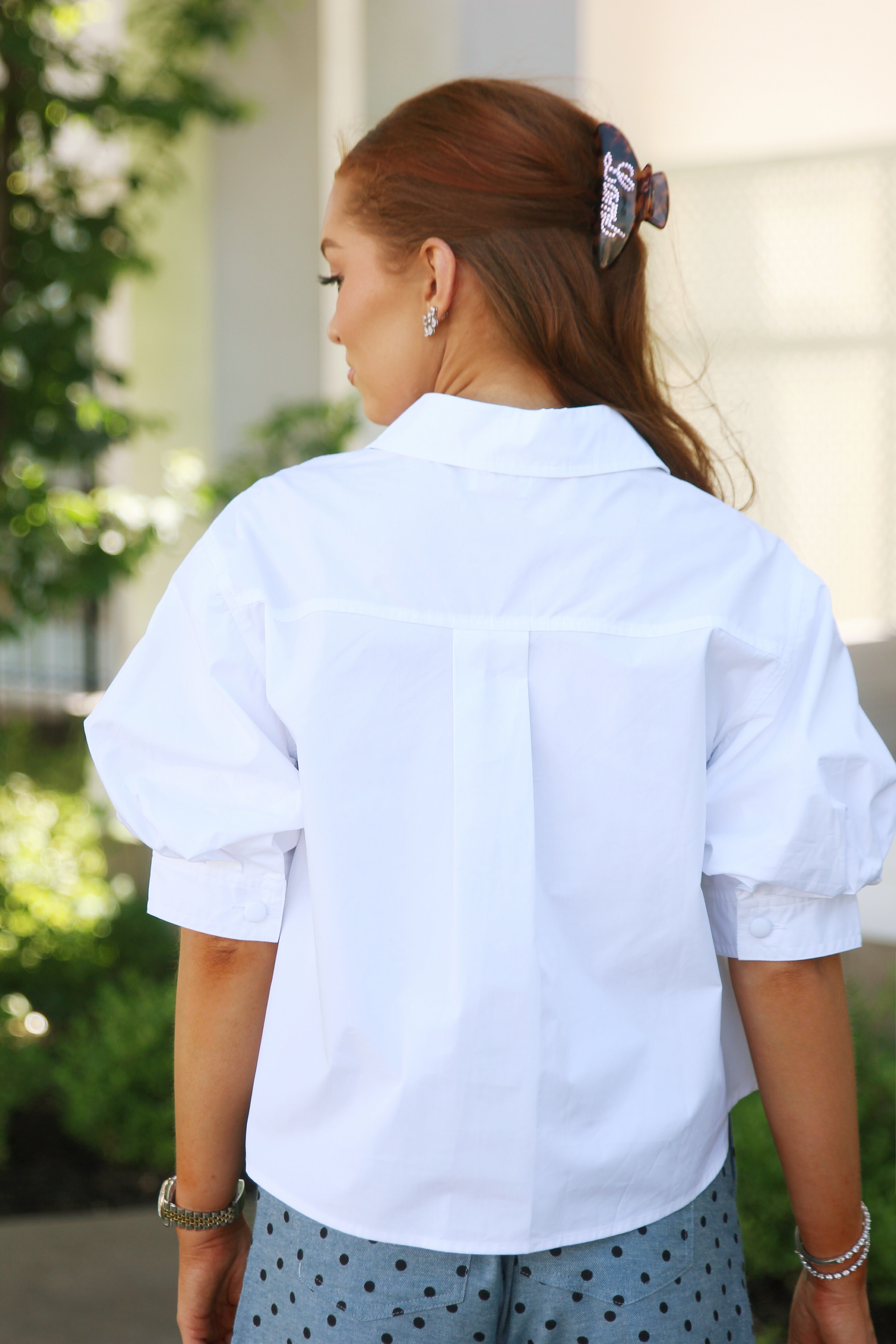 Solid Poplin Puff Sleeve Button Top