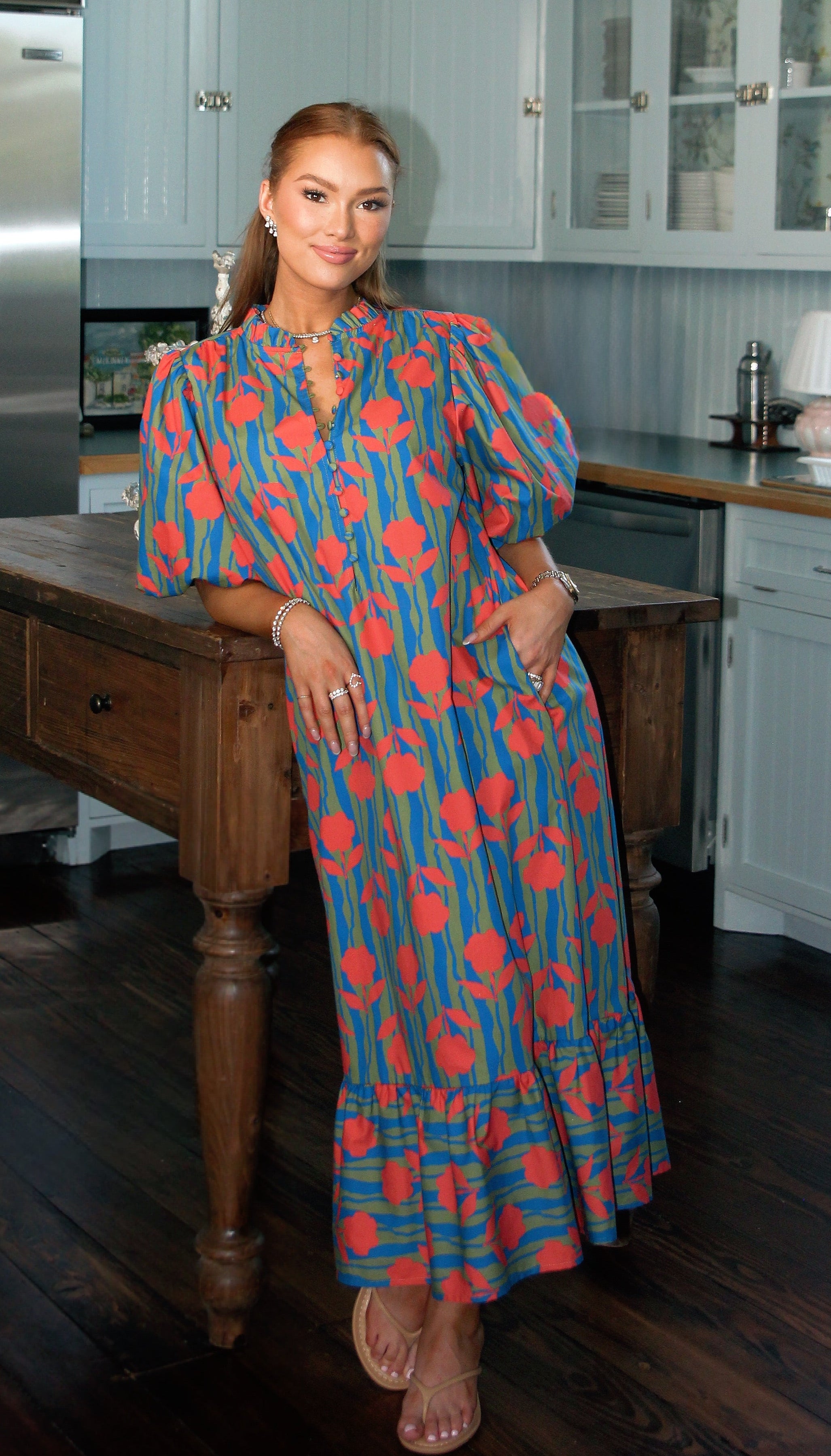 Stripe Floral Puff Sleeve Maxi Dress