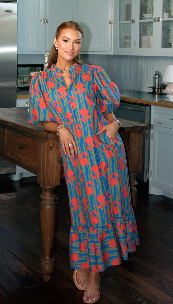 Stripe Floral Puff Sleeve Maxi Dress