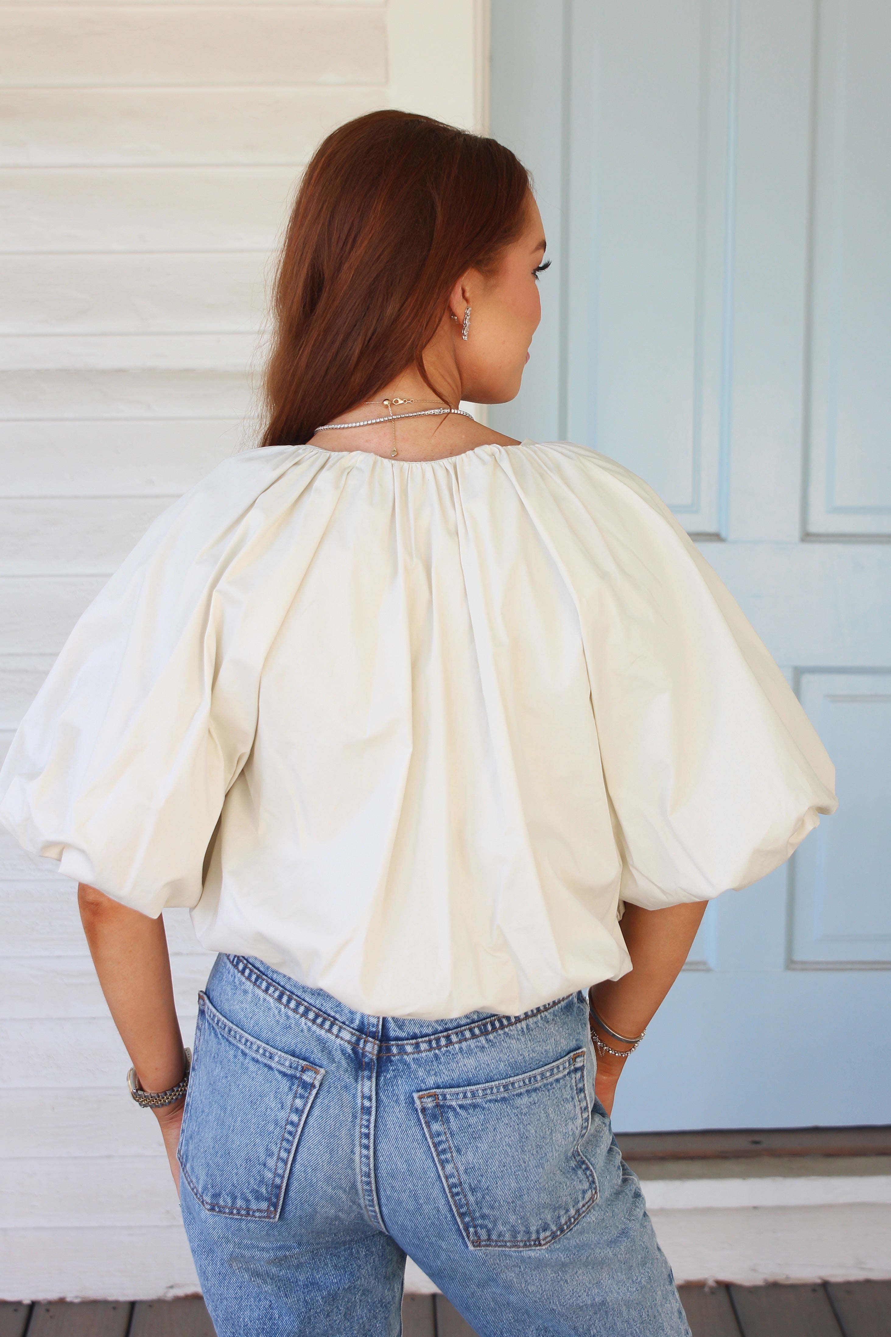 Solid Poplin Bubble Tie 3/4 Sleeve Top