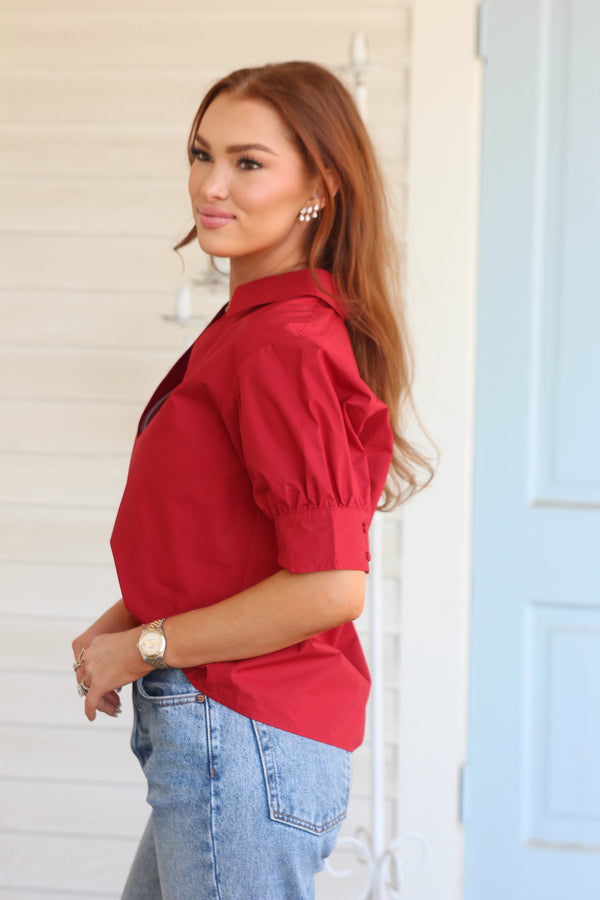 Solid Poplin Vneck Collar Top