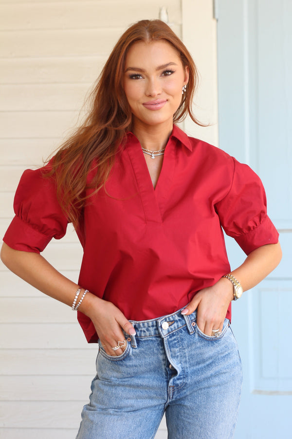 Solid Poplin Vneck Collar Top
