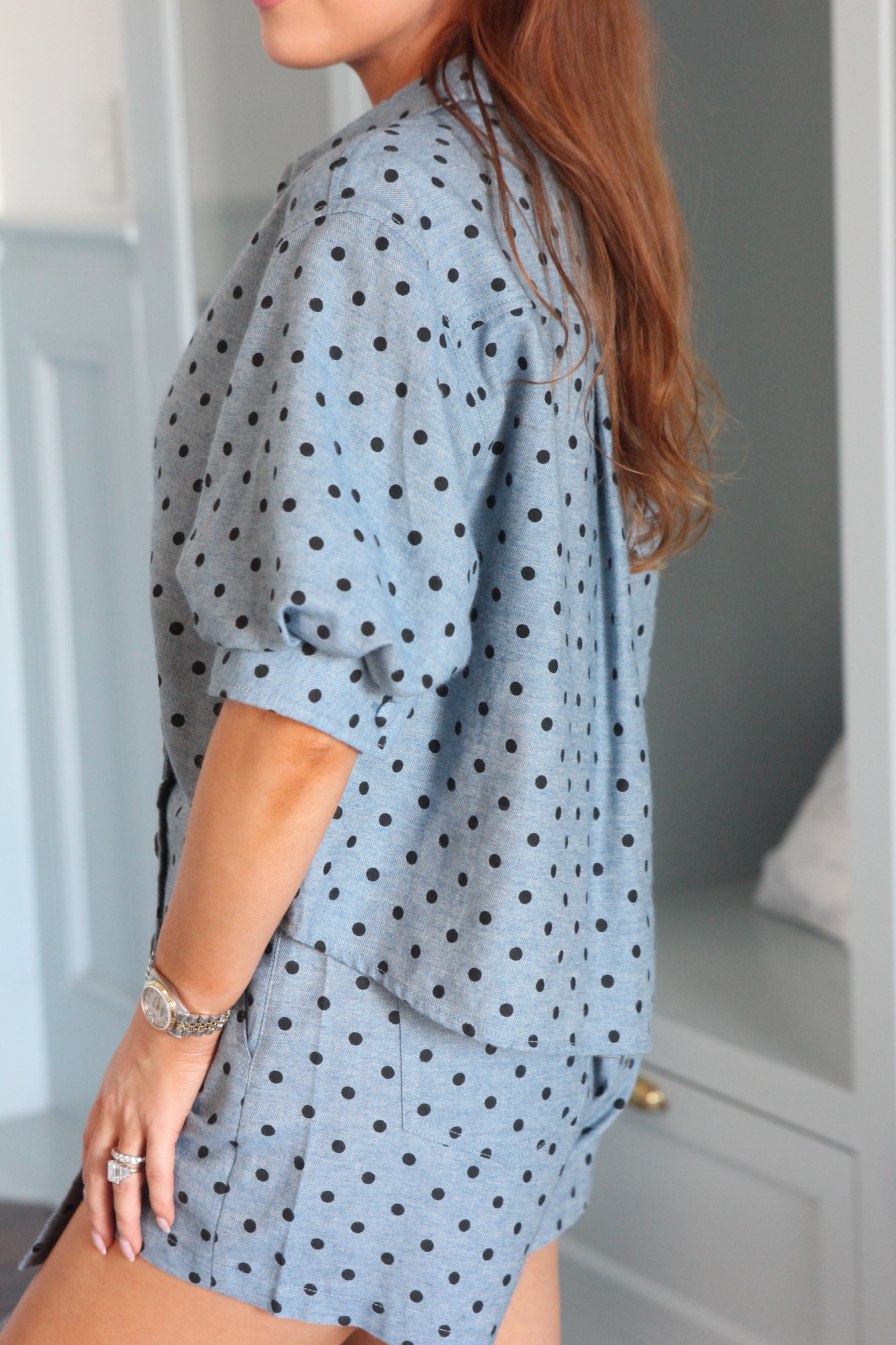 Denim Polka-Dot Puff Sleeve Top