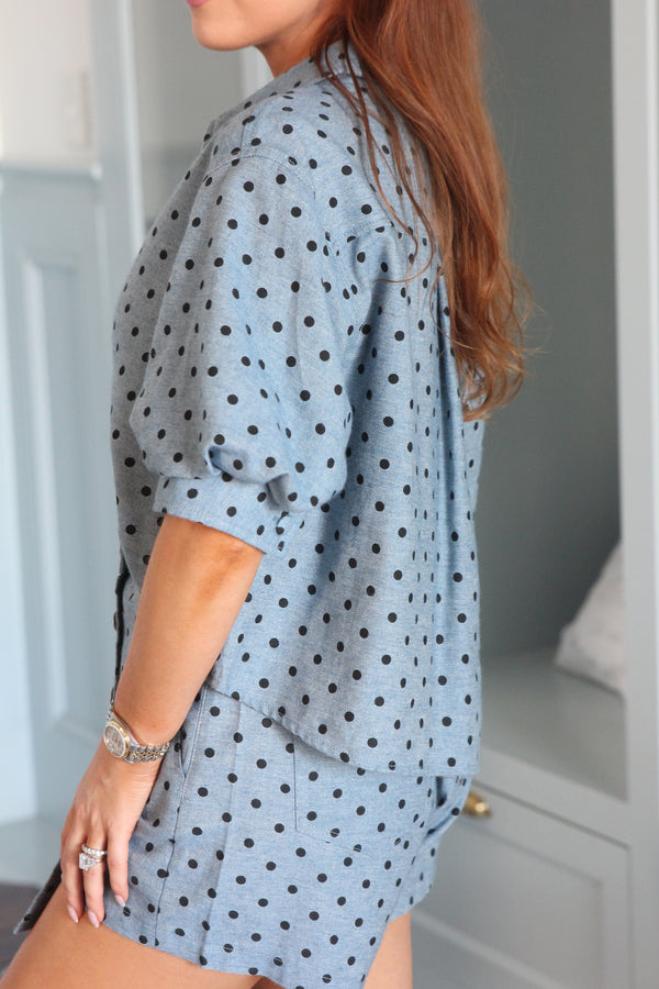 Denim Polka-Dot Puff Sleeve Top