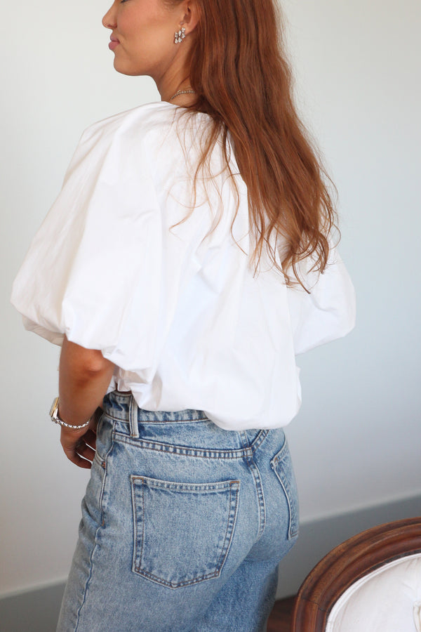Solid Poplin Bubble Tie 3/4 Sleeve Top
