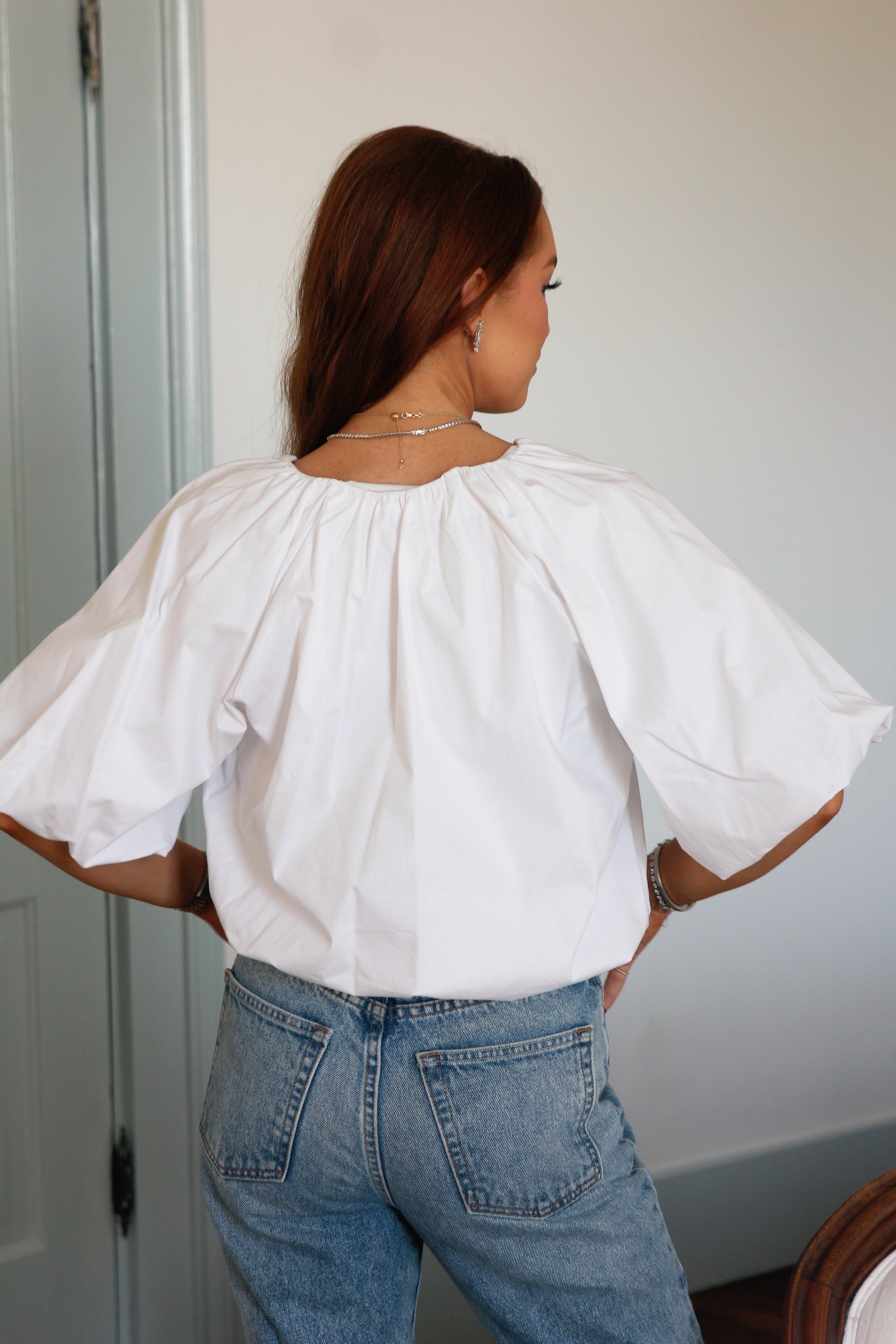Solid Poplin Bubble Tie 3/4 Sleeve Top