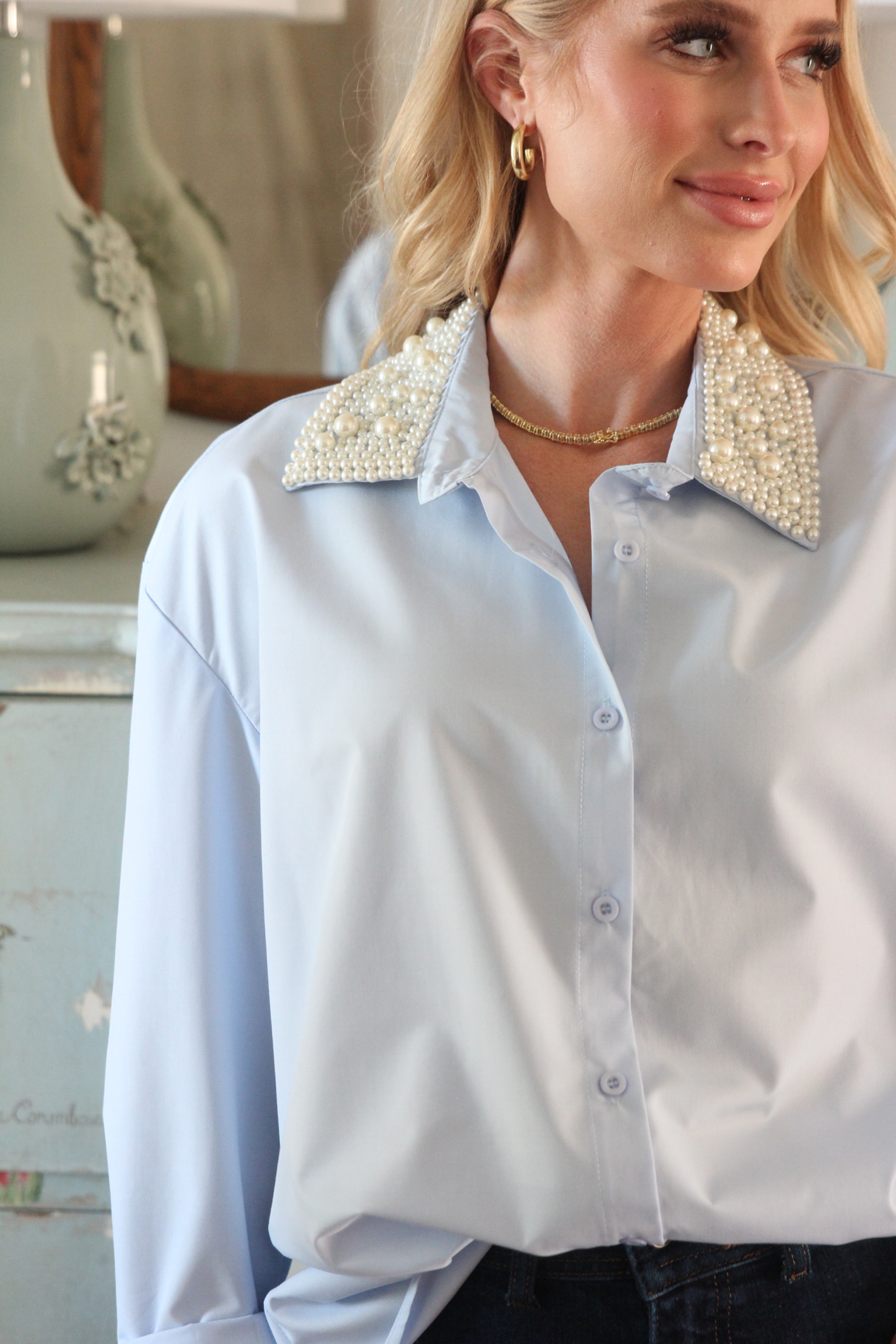 Pearl Collar Poplin Top