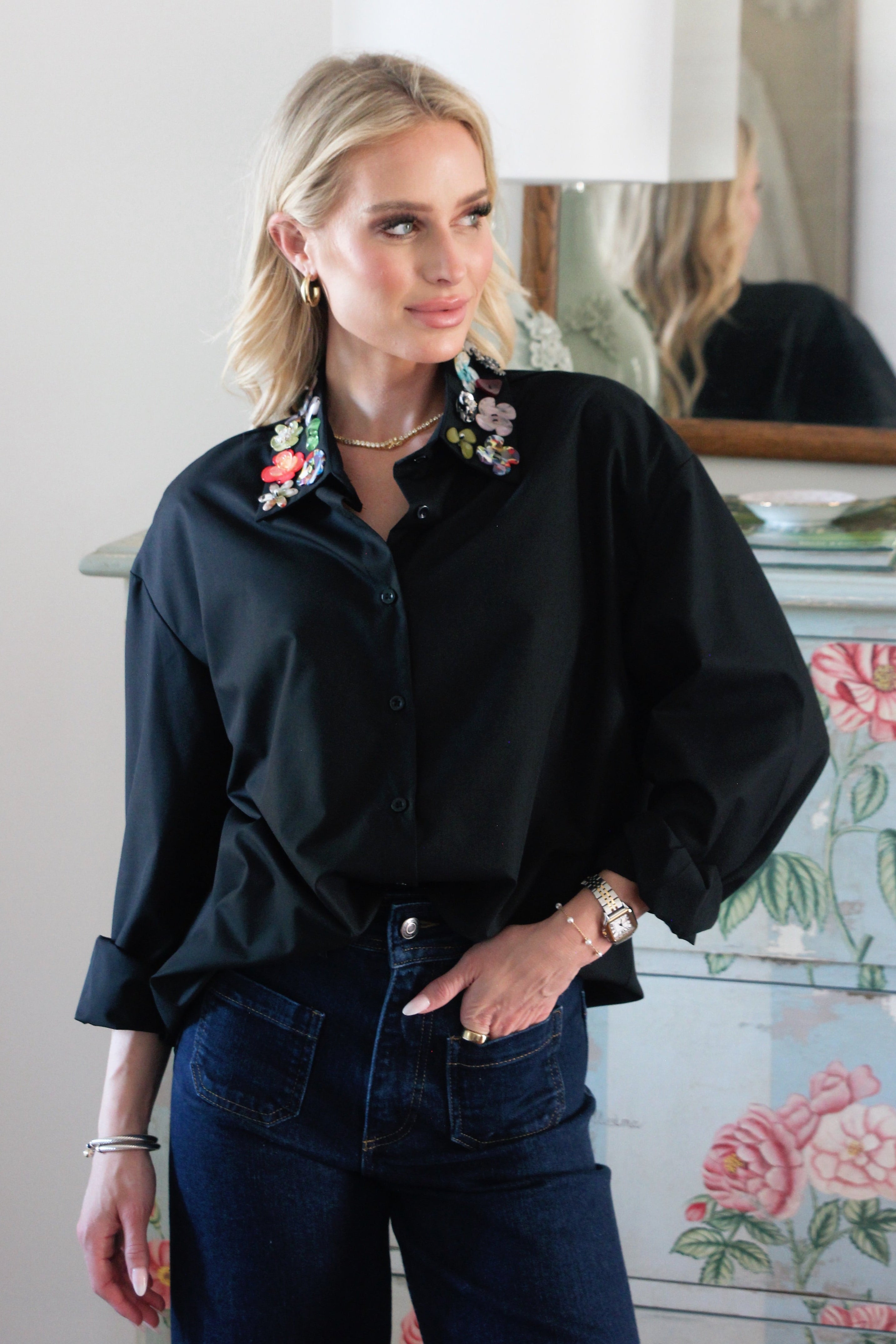 Novelty Button Collar Poplin Top