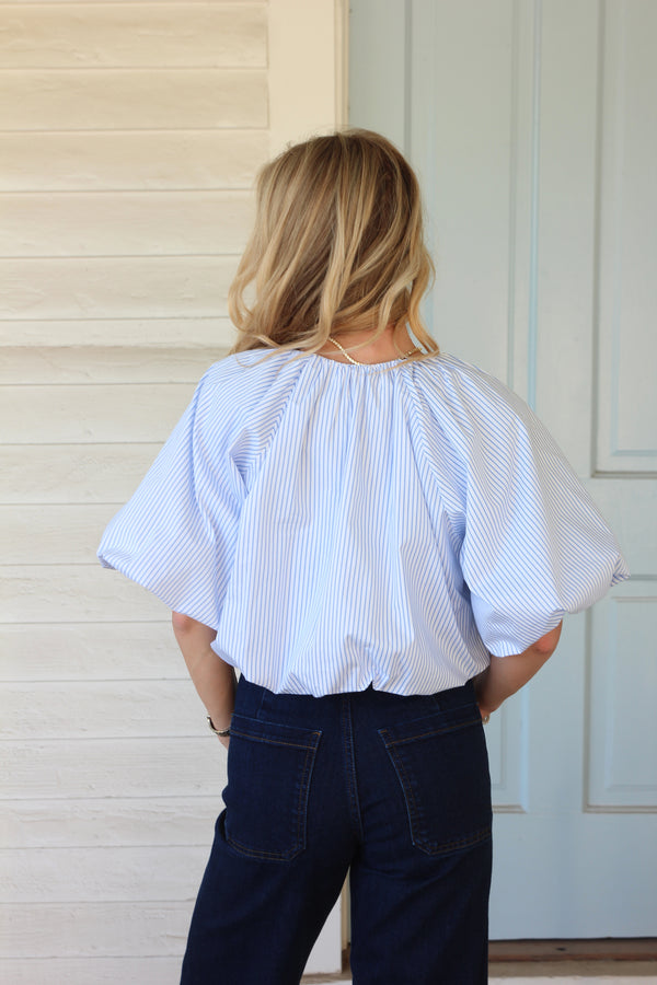 Stripe Poplin Bubble 3/4 Sleeve Top