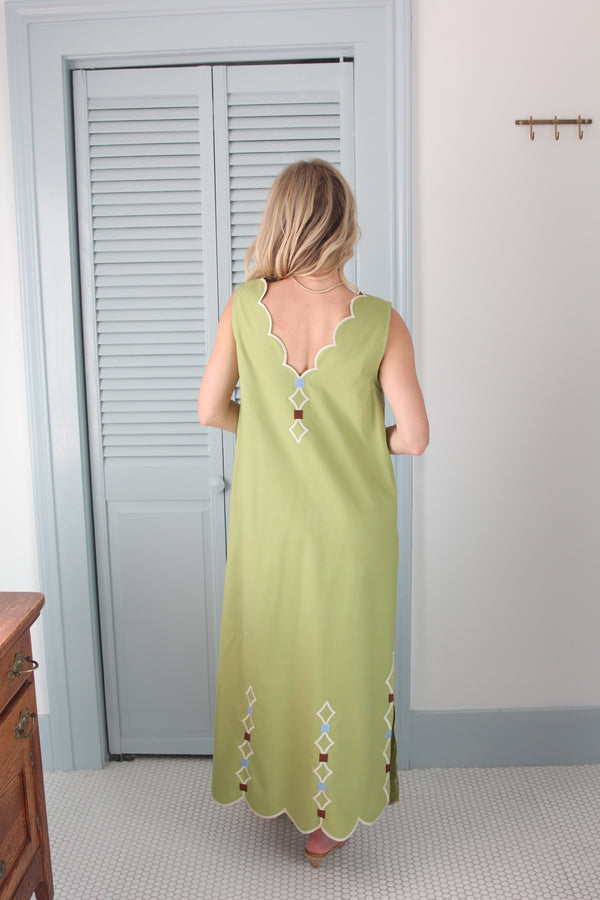 Solid Vneck Embroidered Scallop Dress