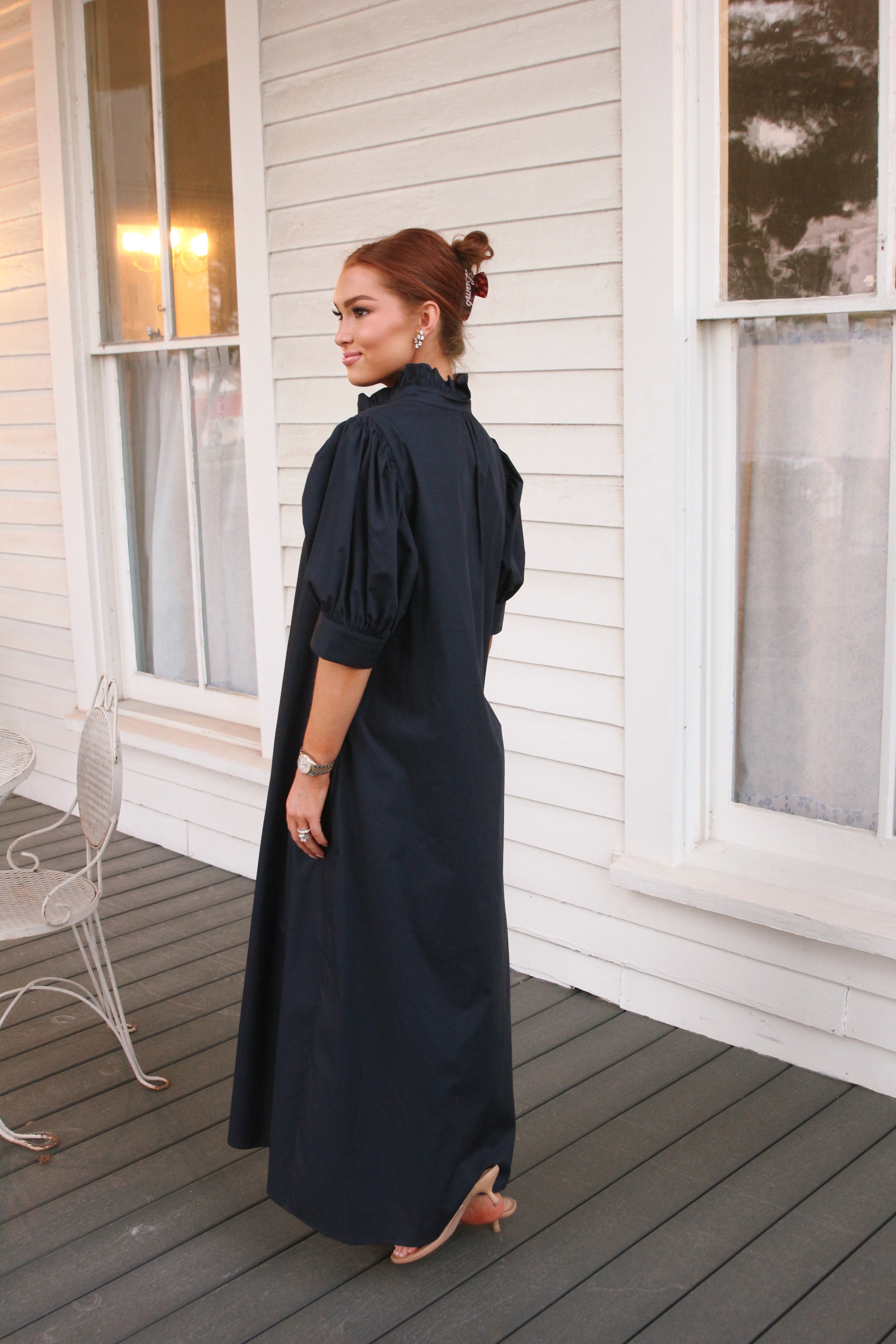 Solid Poplin Ruffle Neck Maxi Shirt Dress