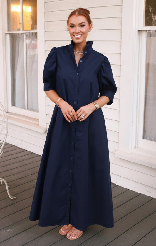 Solid Poplin Ruffle Neck Maxi Shirt Dress