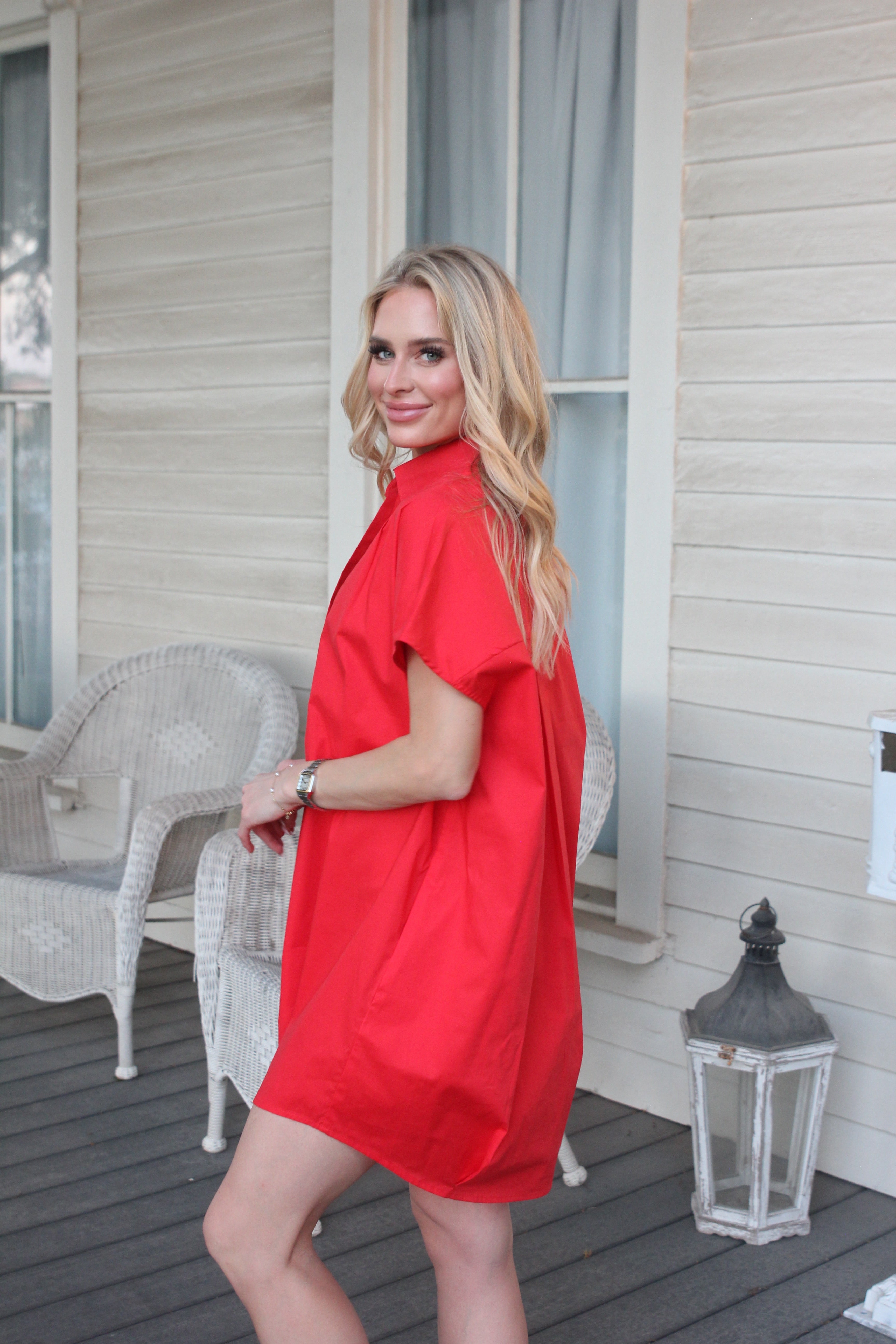 Solid Poplin Vneck Collar Signature Dress