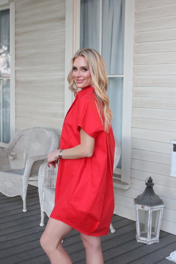 Solid Poplin Vneck Collar Signature Dress