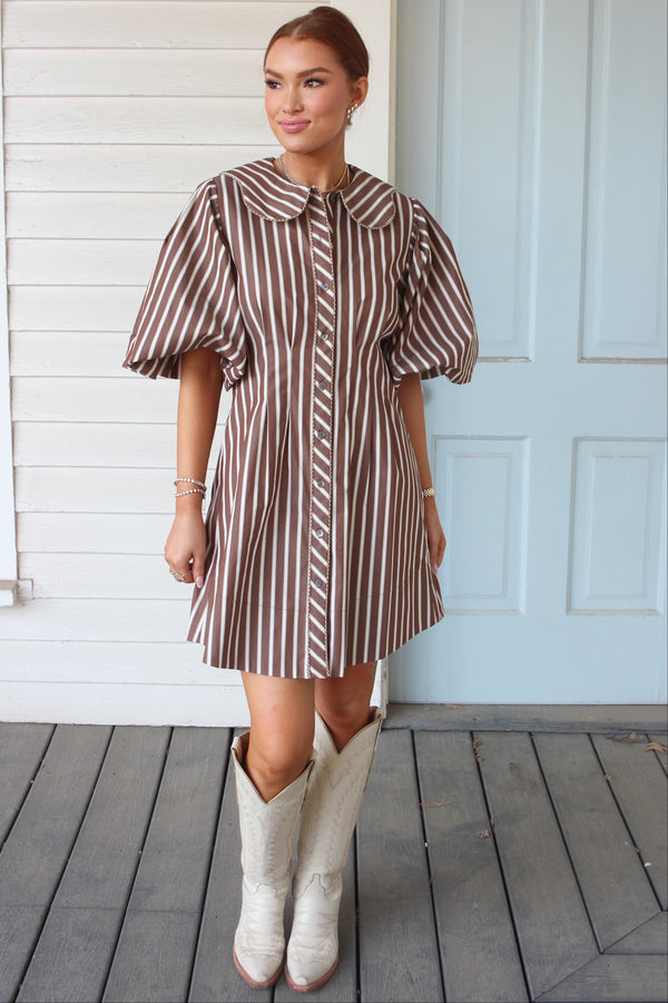 Stripe Scallop Puff Sleeve Shirt Dress