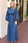 Denim Puff Sleeve Maxi Dress with Belt