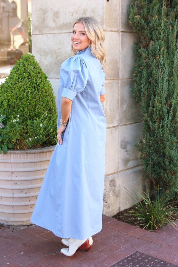 Solid Poplin Ruffle Neck Maxi Shirt Dress