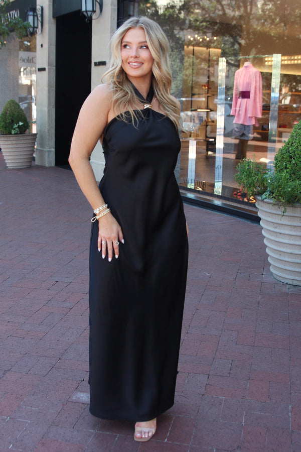 Solid Satin Halter Maxi Dress