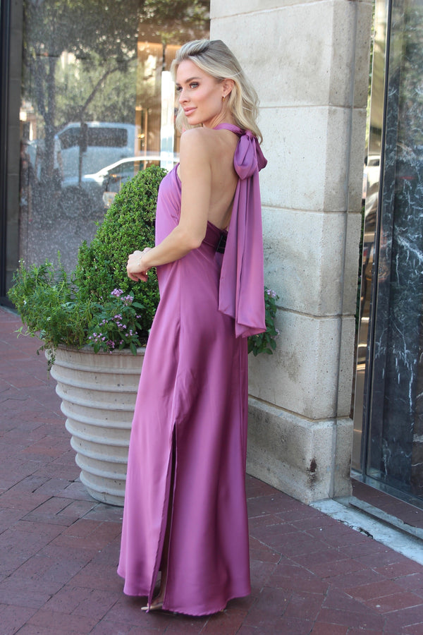 Solid Satin Halter Maxi Dress