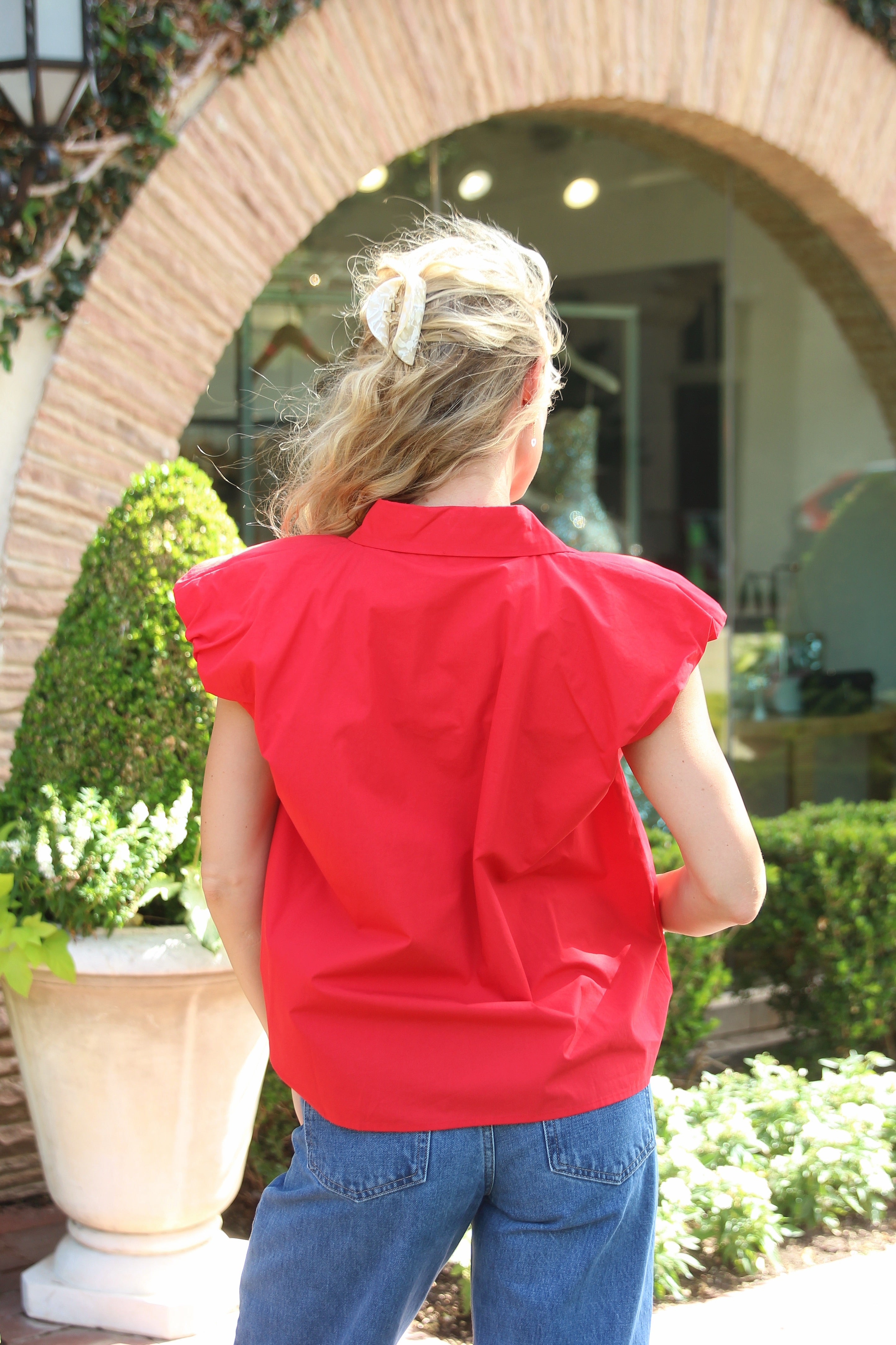 Solid Poplin Bubble Sleeve Button Top