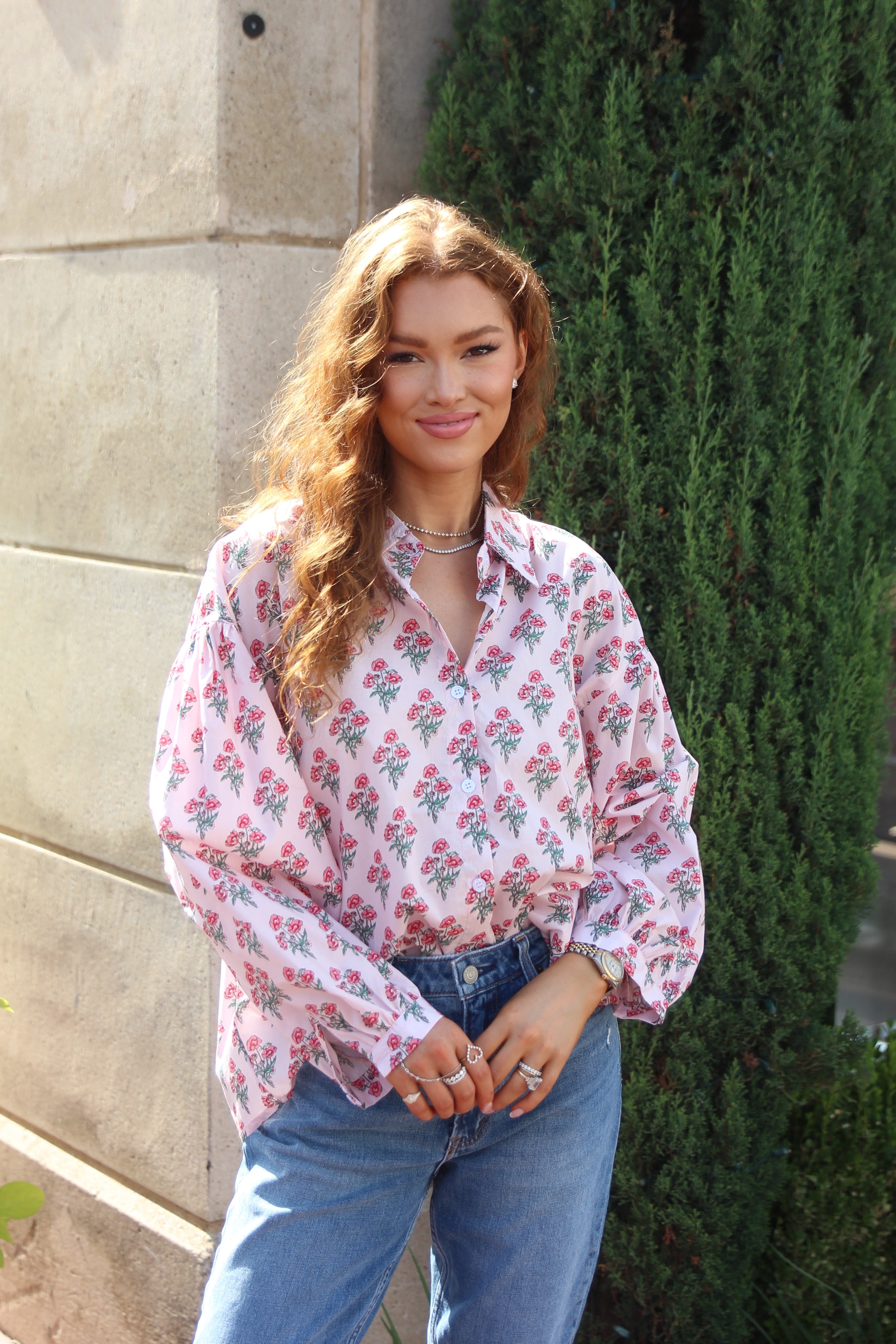 London Floral Poplin Button Up Top