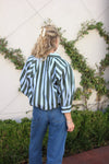 Stripe Collar Bubble 3/4 Sleeve Top