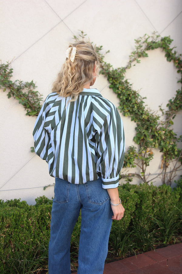 Stripe Collar Bubble 3/4 Sleeve Top