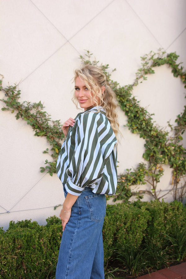 Stripe Collar Bubble 3/4 Sleeve Top