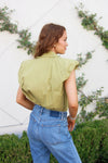 Solid Poplin Bubble Sleeve Button Top