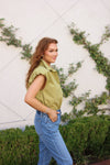 Solid Poplin Bubble Sleeve Button Top