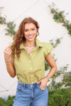Solid Poplin Bubble Sleeve Button Top