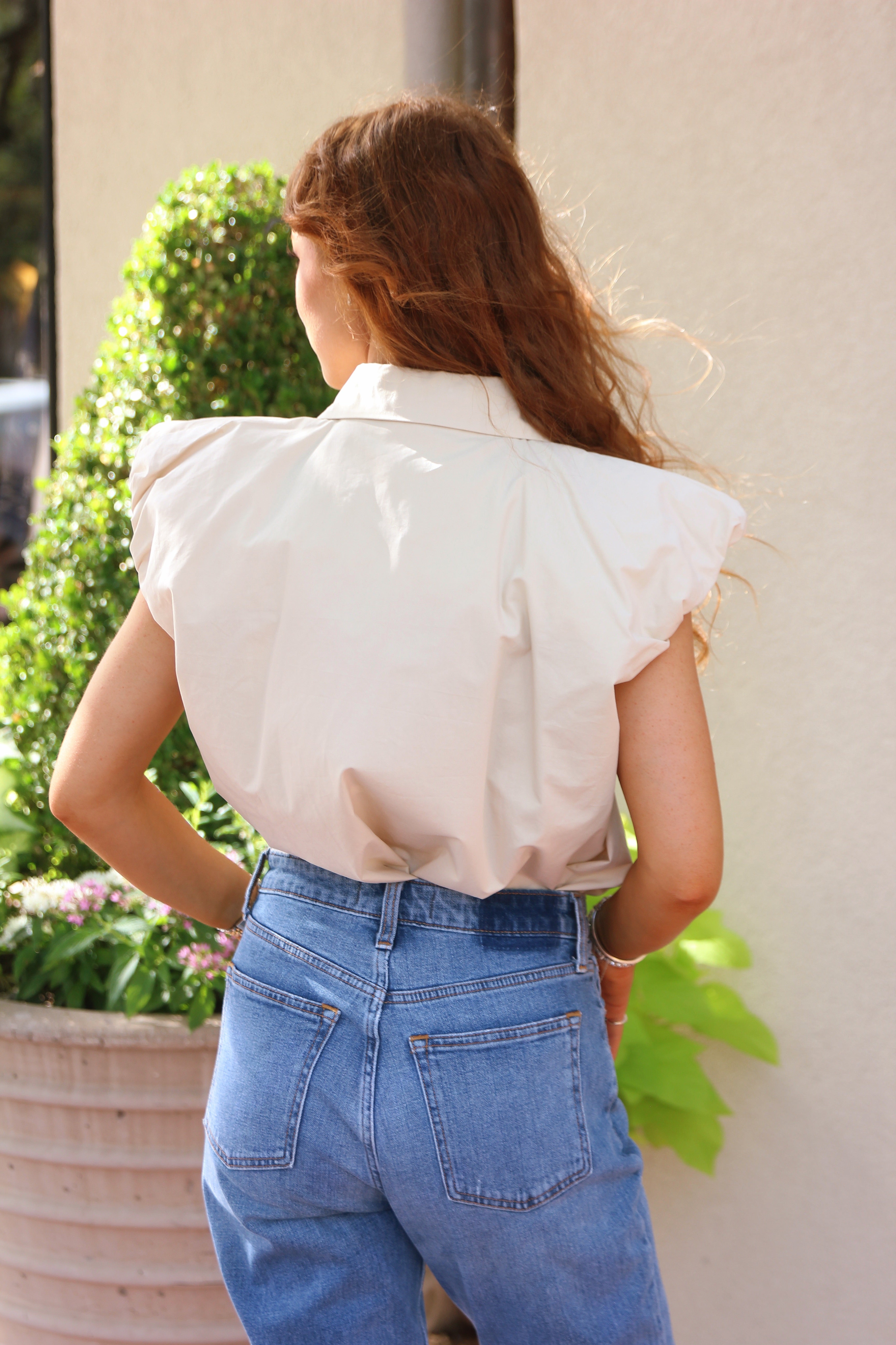 Solid Poplin Bubble Sleeve Button Top