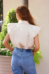 Solid Poplin Bubble Sleeve Button Top
