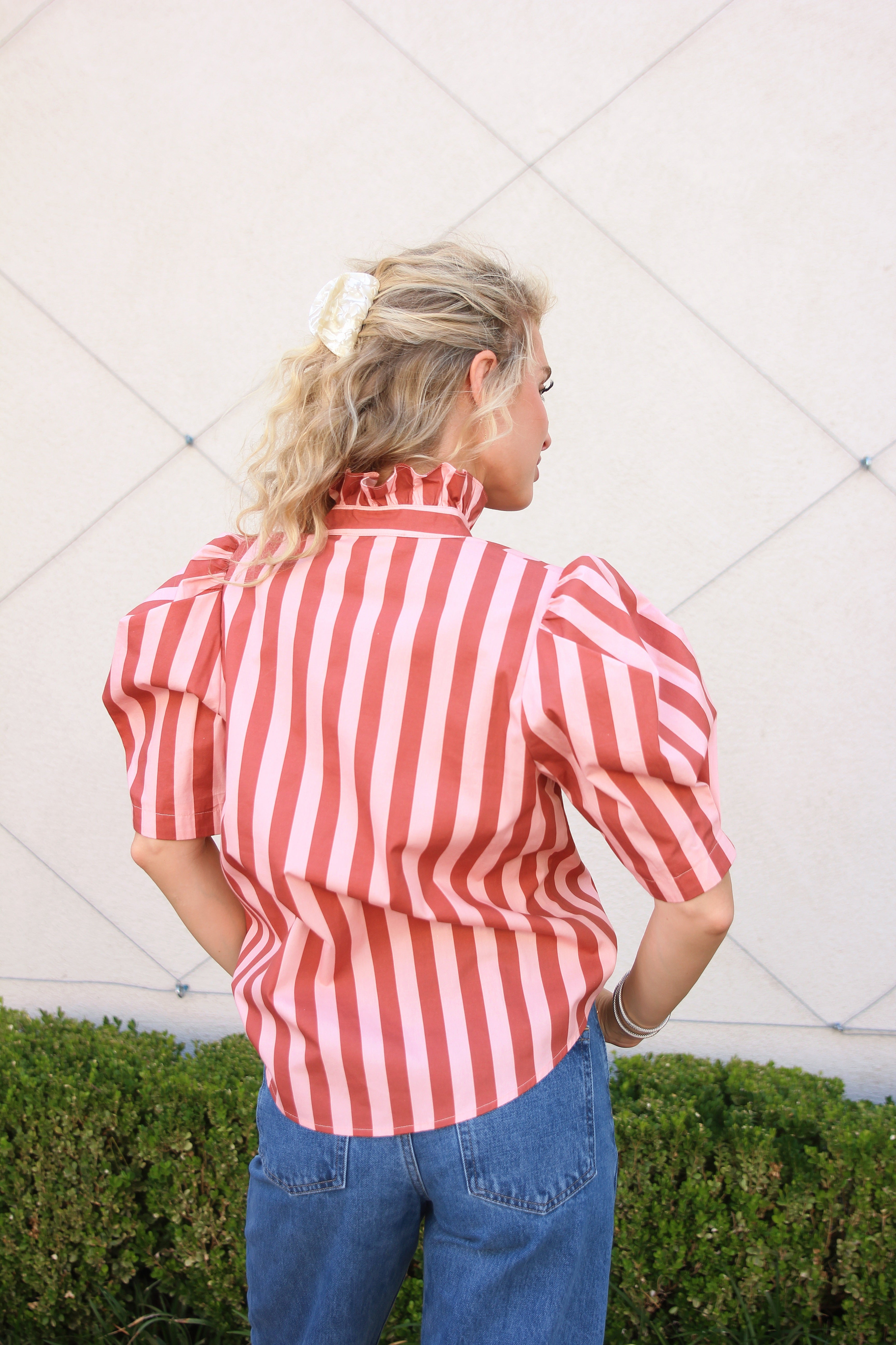 Stripe Ruffle Neck Button Up Top