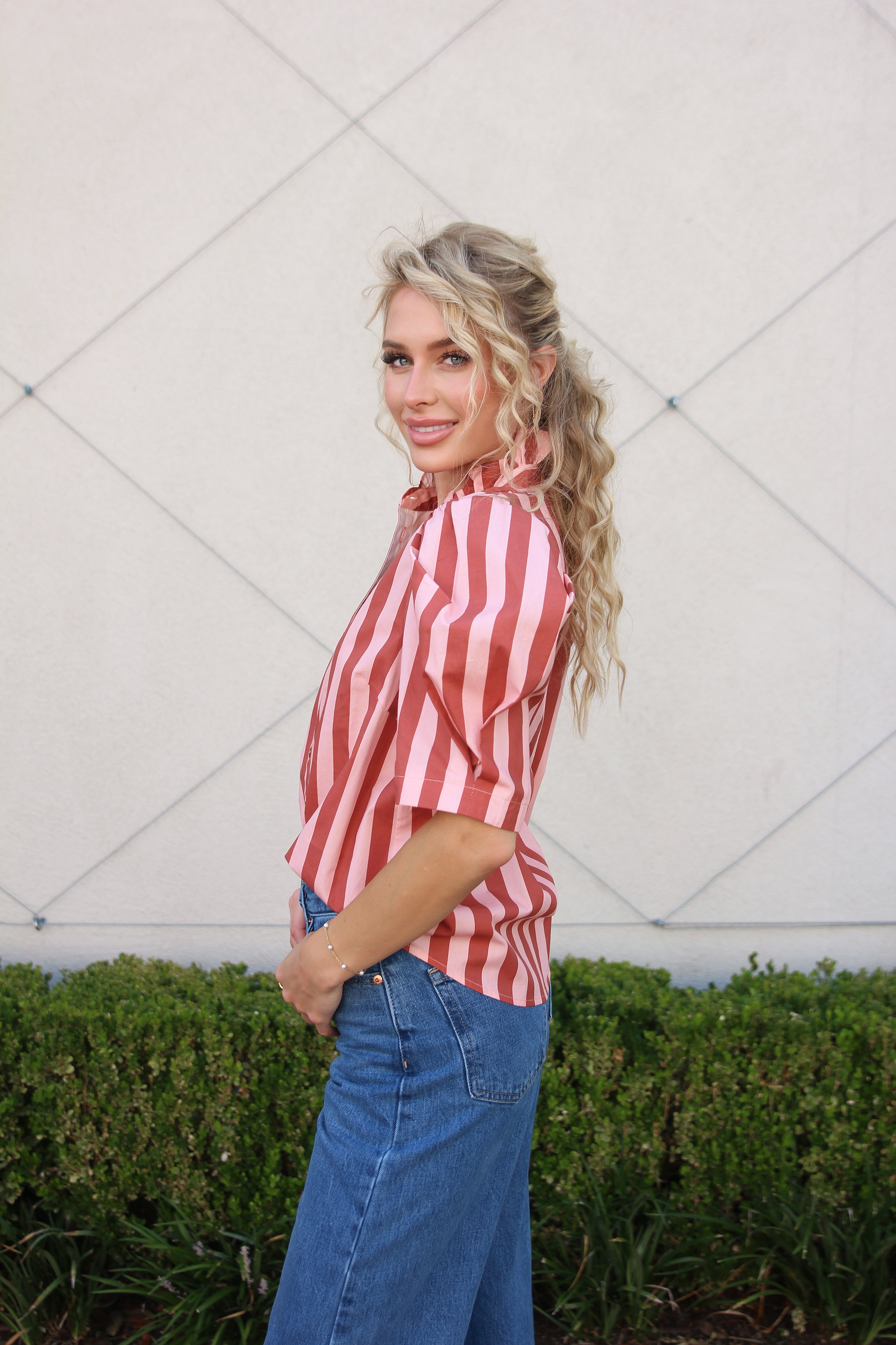 Stripe Ruffle Neck Button Up Top