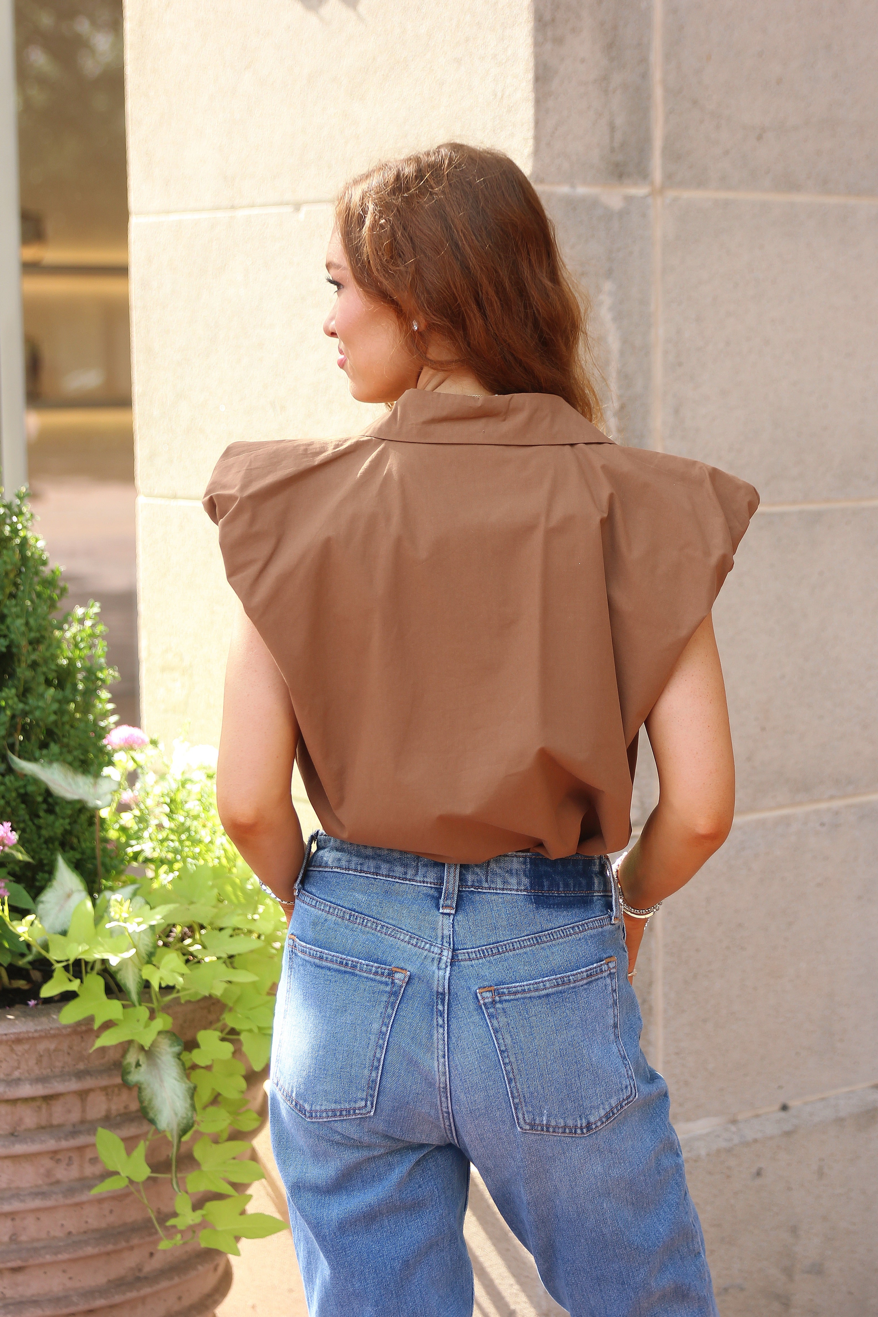Solid Poplin Bubble Sleeve Button Top