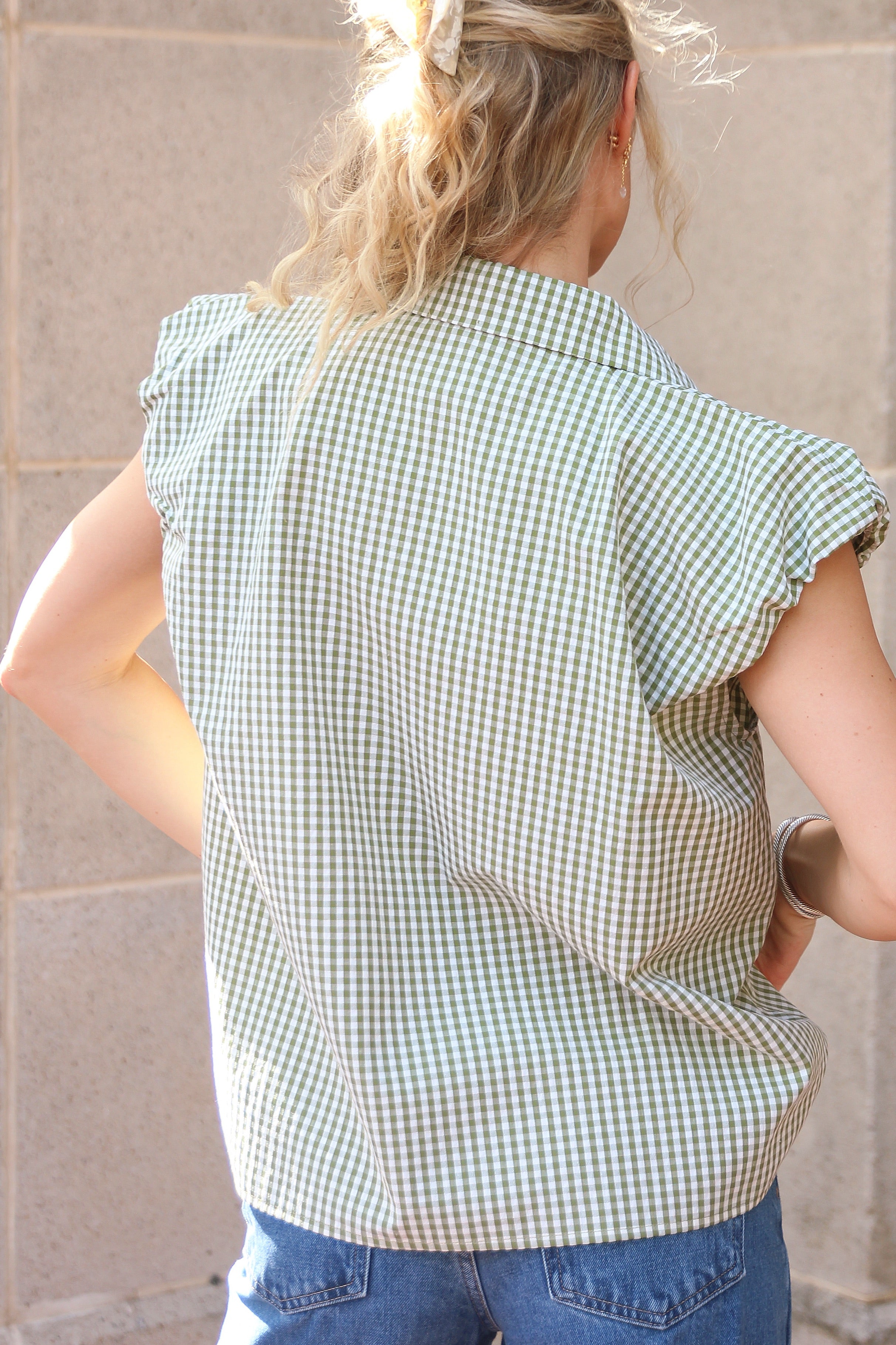 Check Bubble Sleeve Button Top