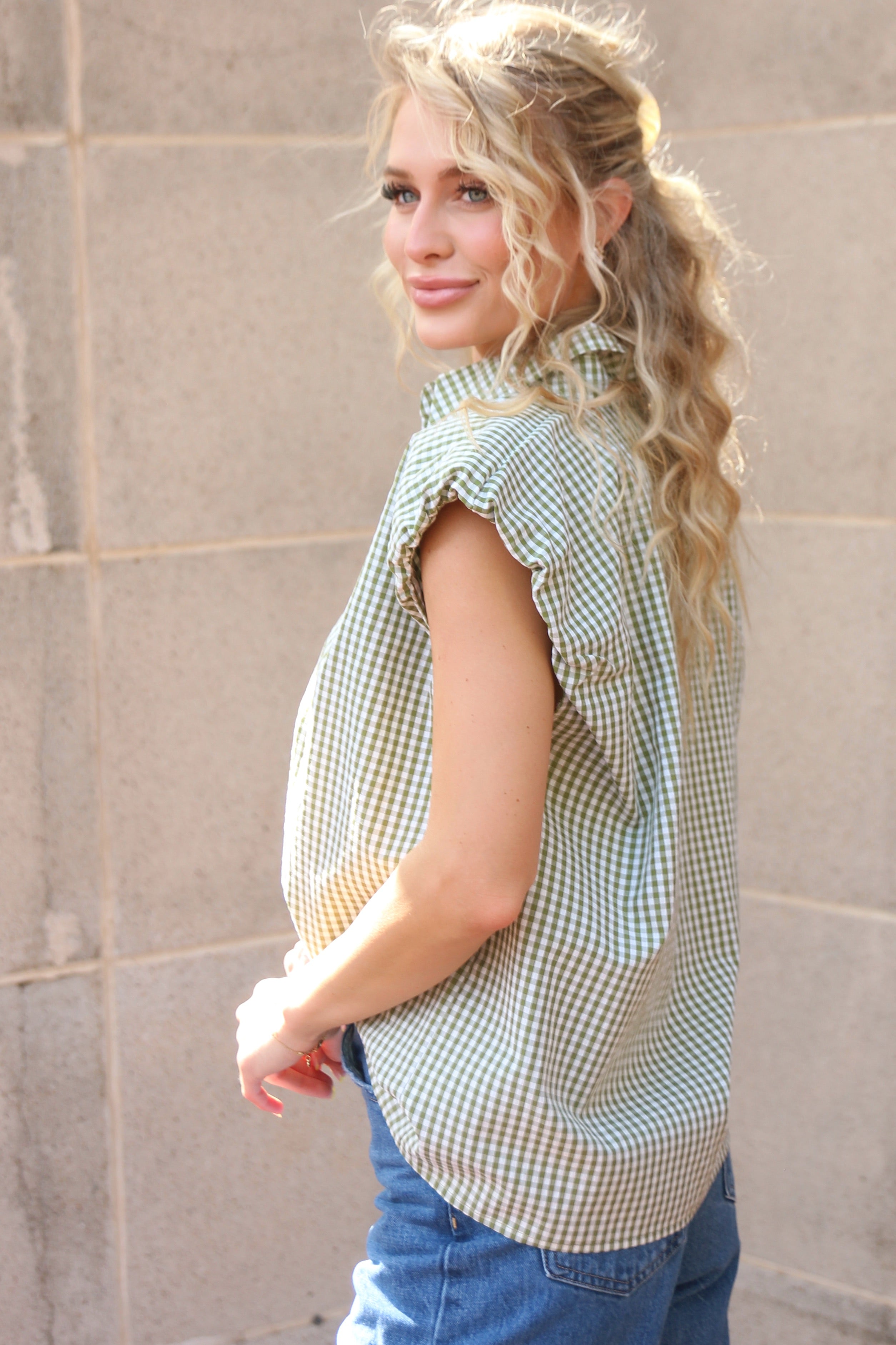 Check Bubble Sleeve Button Top