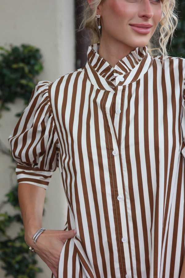 Stripe Ruffle Neck Maxi Shirt Dress