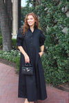 Solid Poplin Ruffle Neck Maxi Shirt Dress