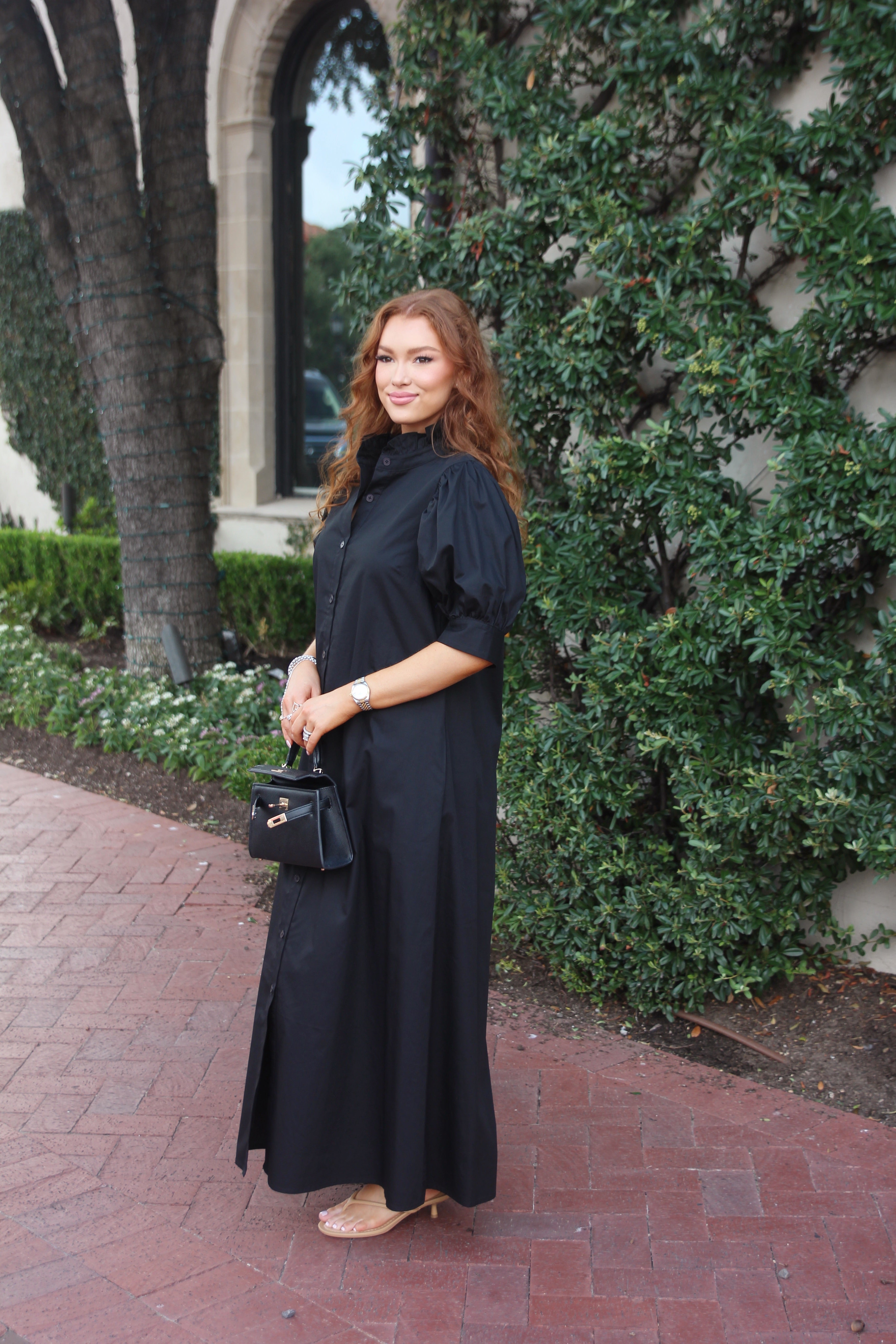 Solid Poplin Ruffle Neck Maxi Shirt Dress