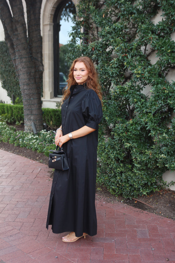 Solid Poplin Ruffle Neck Maxi Shirt Dress