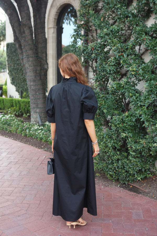 Solid Poplin Ruffle Neck Maxi Shirt Dress