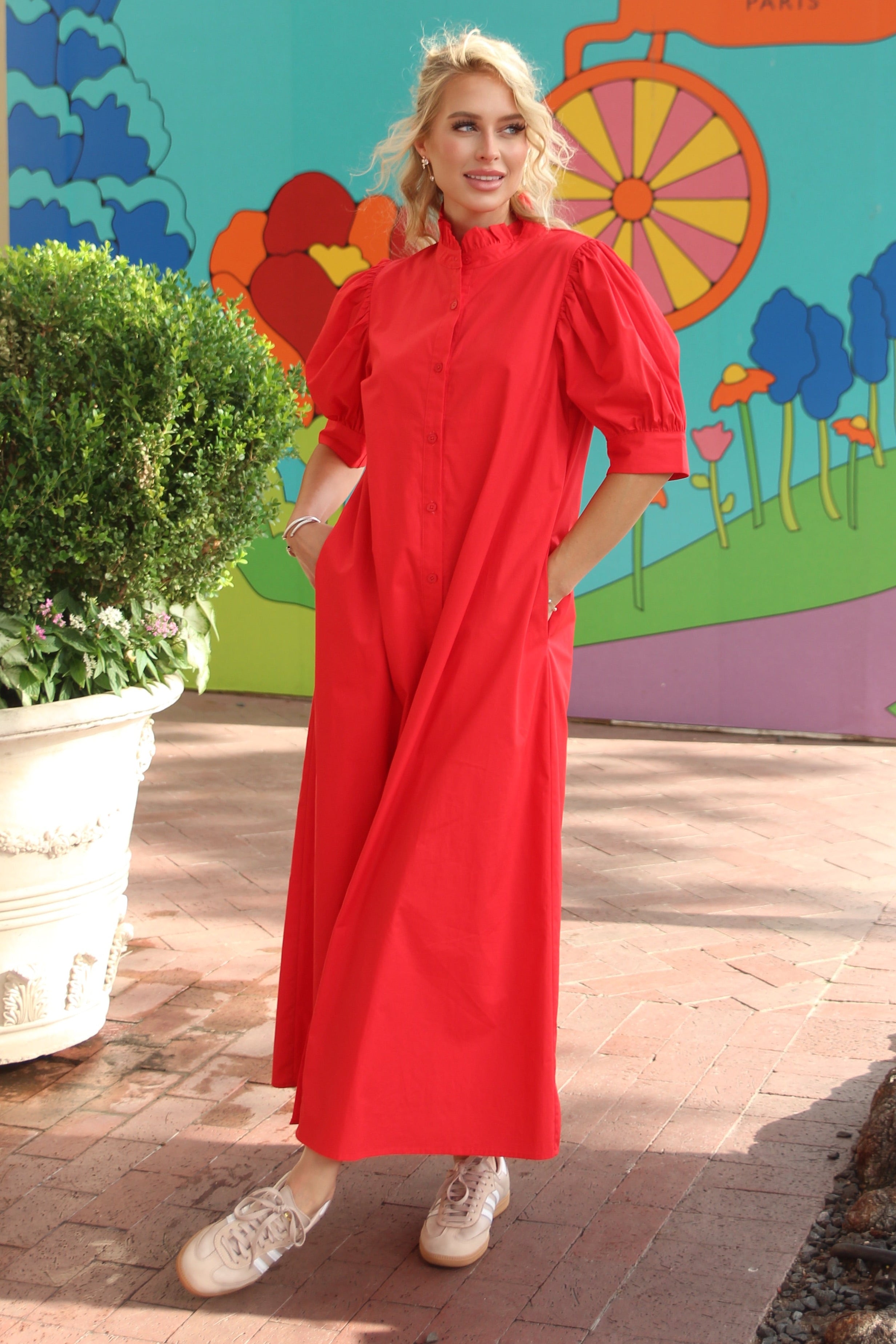 Solid Poplin Ruffle Neck Maxi Shirt Dress