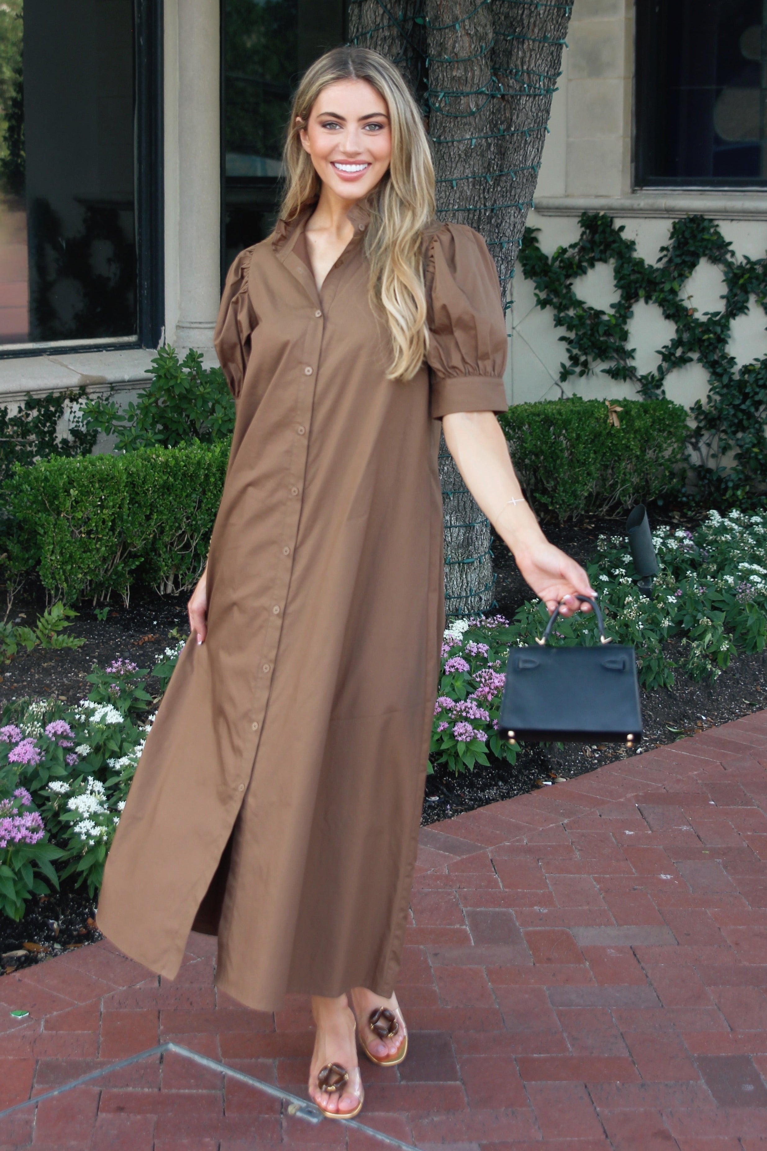 Solid Poplin Ruffle Neck Maxi Shirt Dress