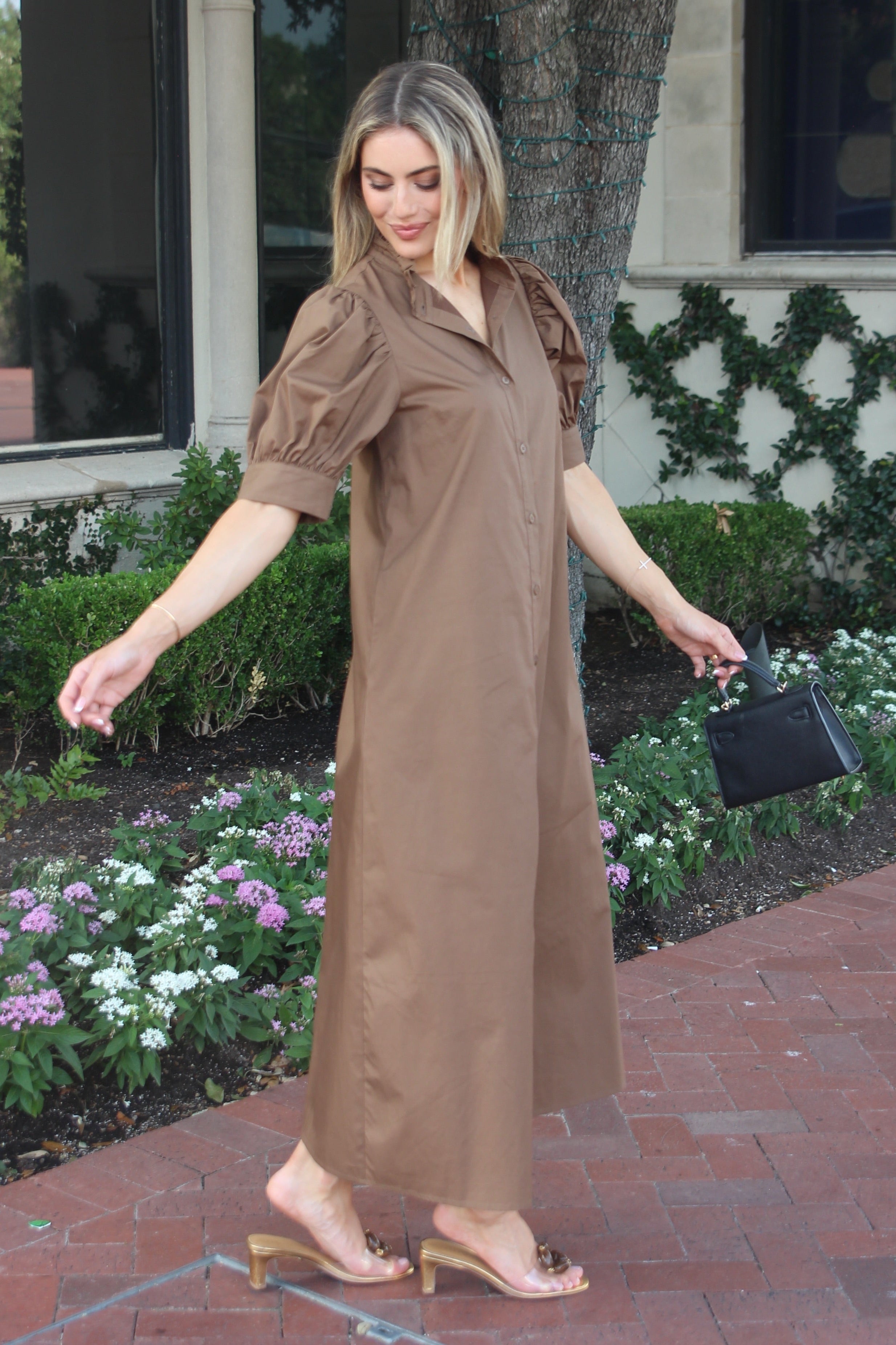 Solid Poplin Ruffle Neck Maxi Shirt Dress