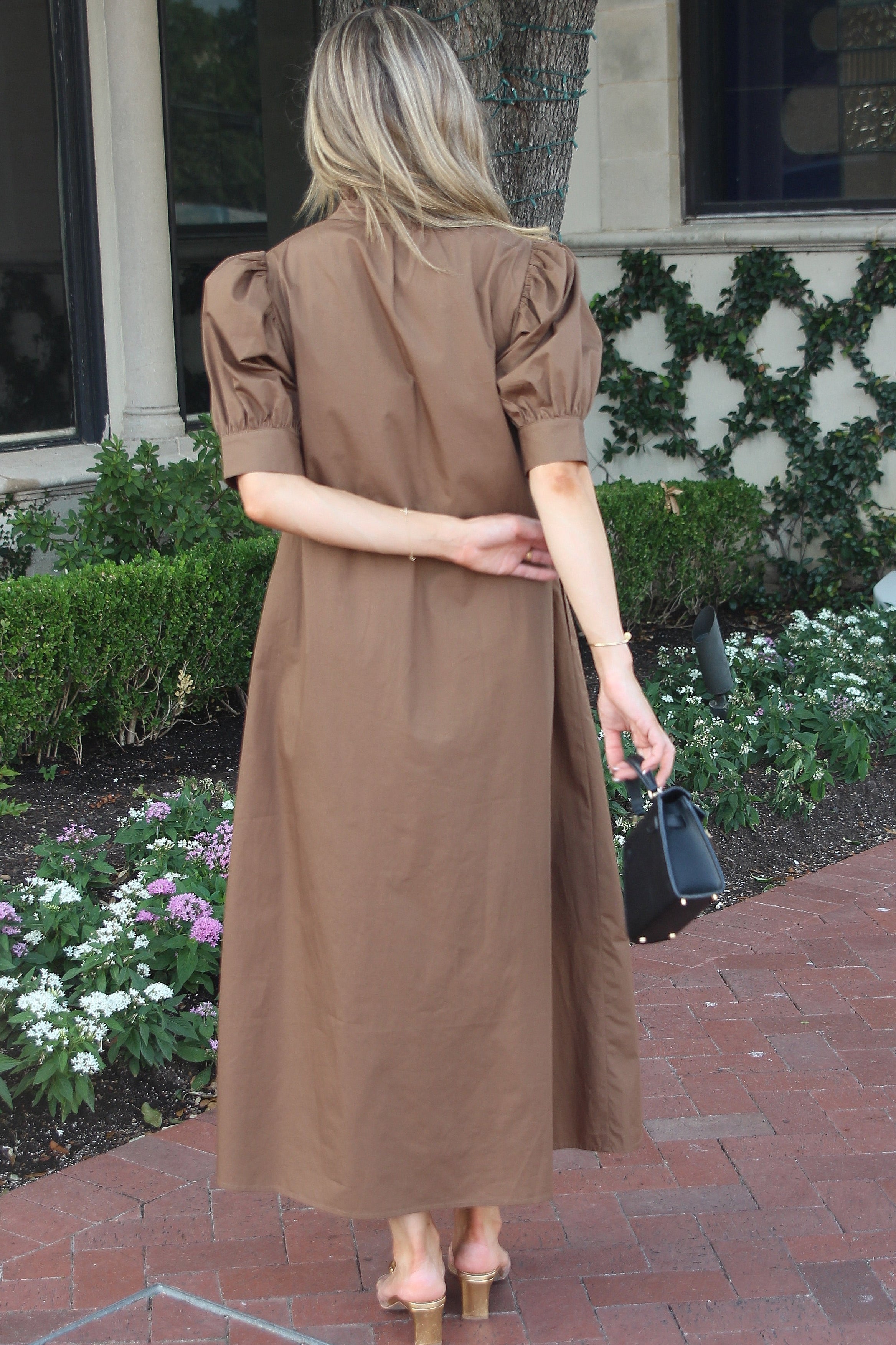 Solid Poplin Ruffle Neck Maxi Shirt Dress
